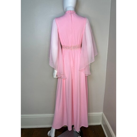 Vintage 1970s Pink Maxi Dress, Sheer Angel Wing Sleeves, Jill Robbins Size S/M - Picture 5 of 6